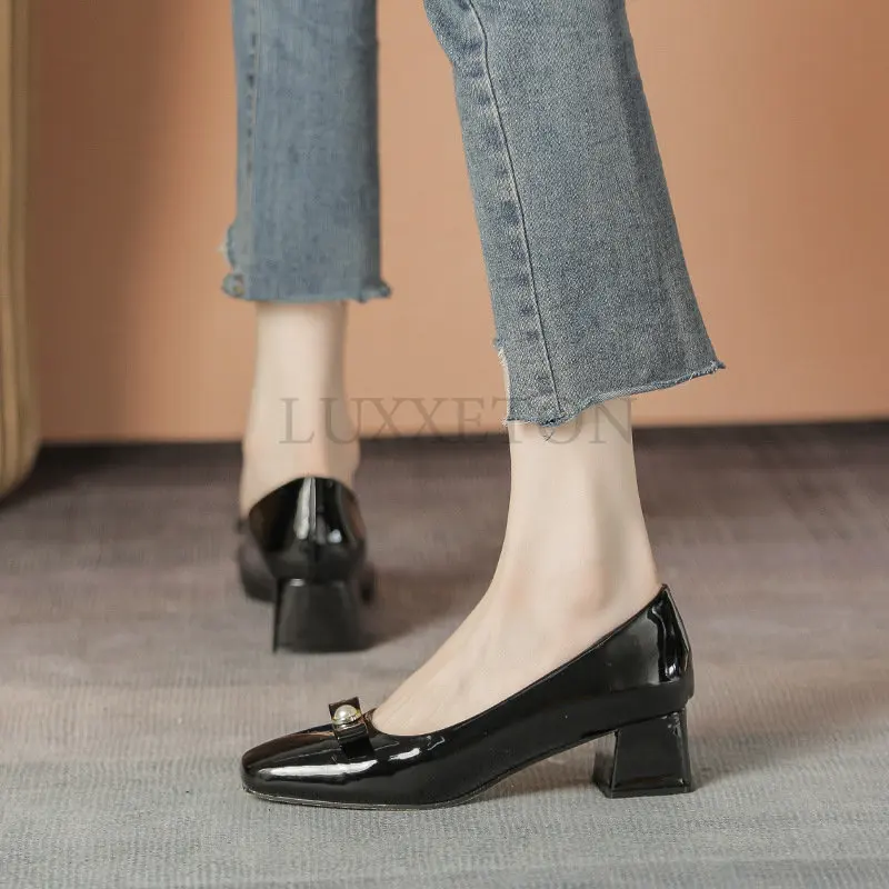 Women Genuine Cow Leather Butterfly-Knot Pumps Shoes Office Lady Square Toe Slip on Casual Shoes Woman Shoes Size 34-43