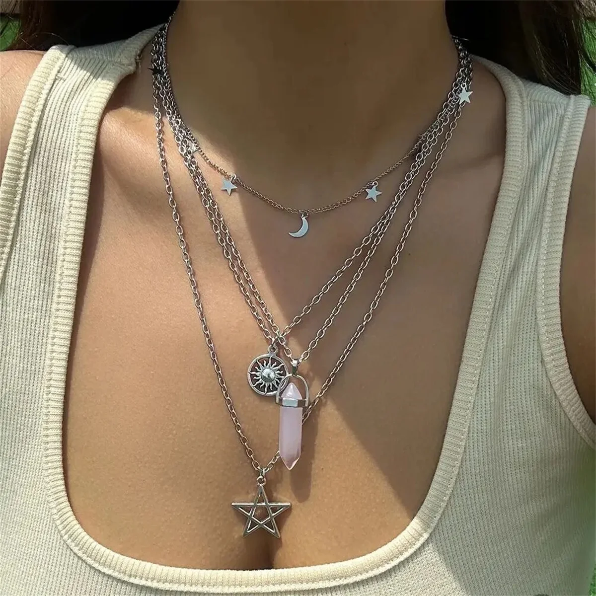 Ethnic Pink Crystal Choker Necklace Star Pentagram Pendant Moon Tassel Chain 4Pcs Jewelry Set Christmas Gift