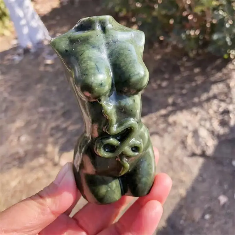 

Natural Vine Jade Snake With Lady Body Carving Healing Women Modern Statue Naked Art Stone Gemstone Collectible Gift 1pcs