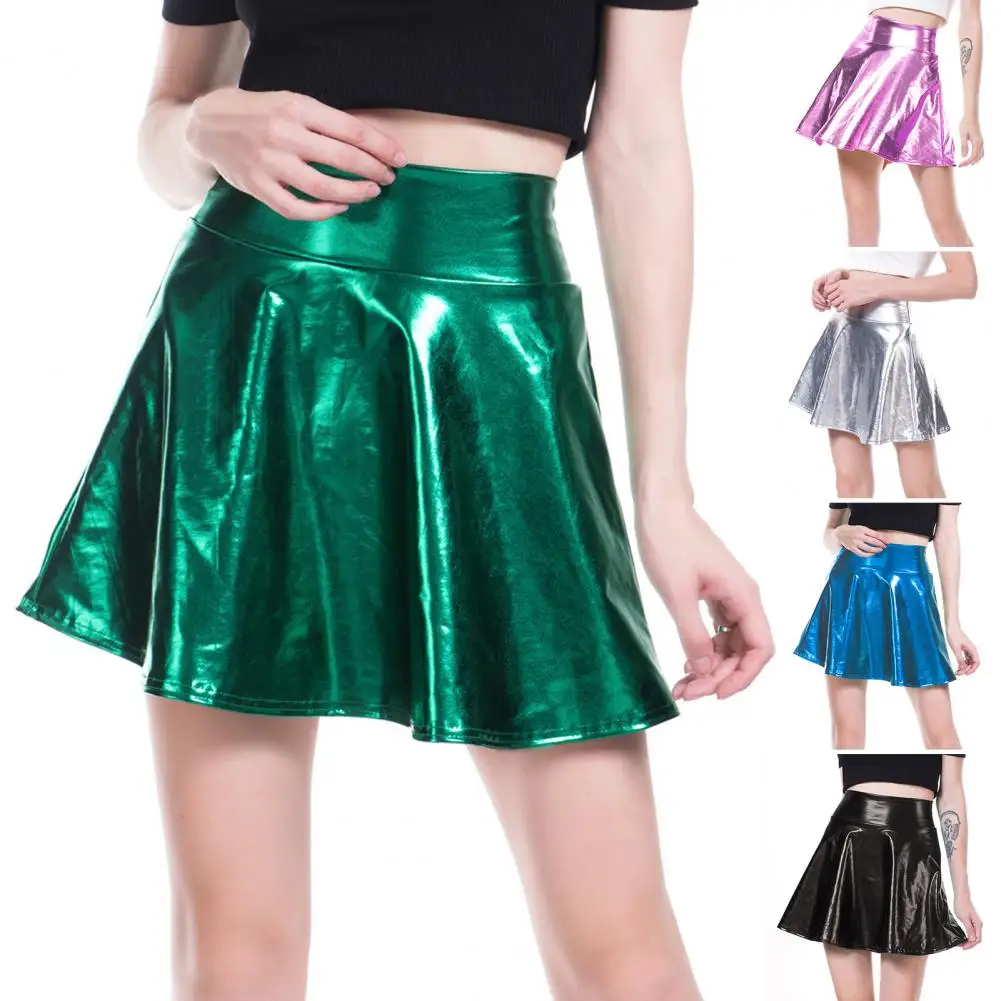 

PU Leather Mini Skirt High-Waist Bright Color Women Nightclub Stage Show Skater Skirt Streetwear vestidos