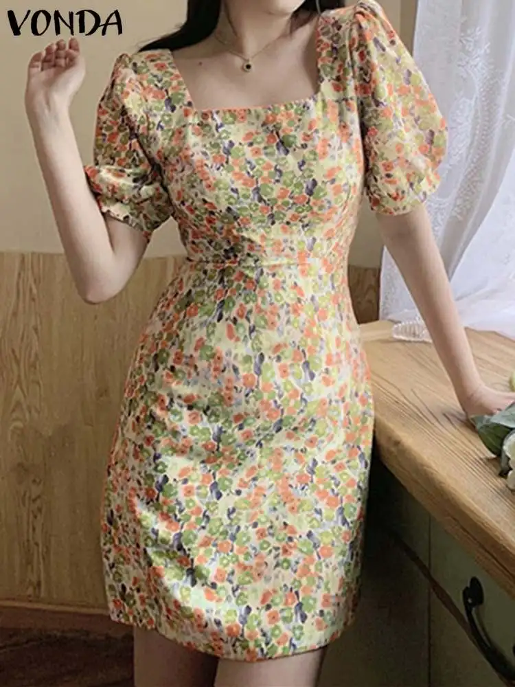 VONDA Bohemian Women Floral Printed Sexy Mini Dress 2024 Summer Square Neck Short Puff Sleeve Casual Sundress Beach Robe Femme