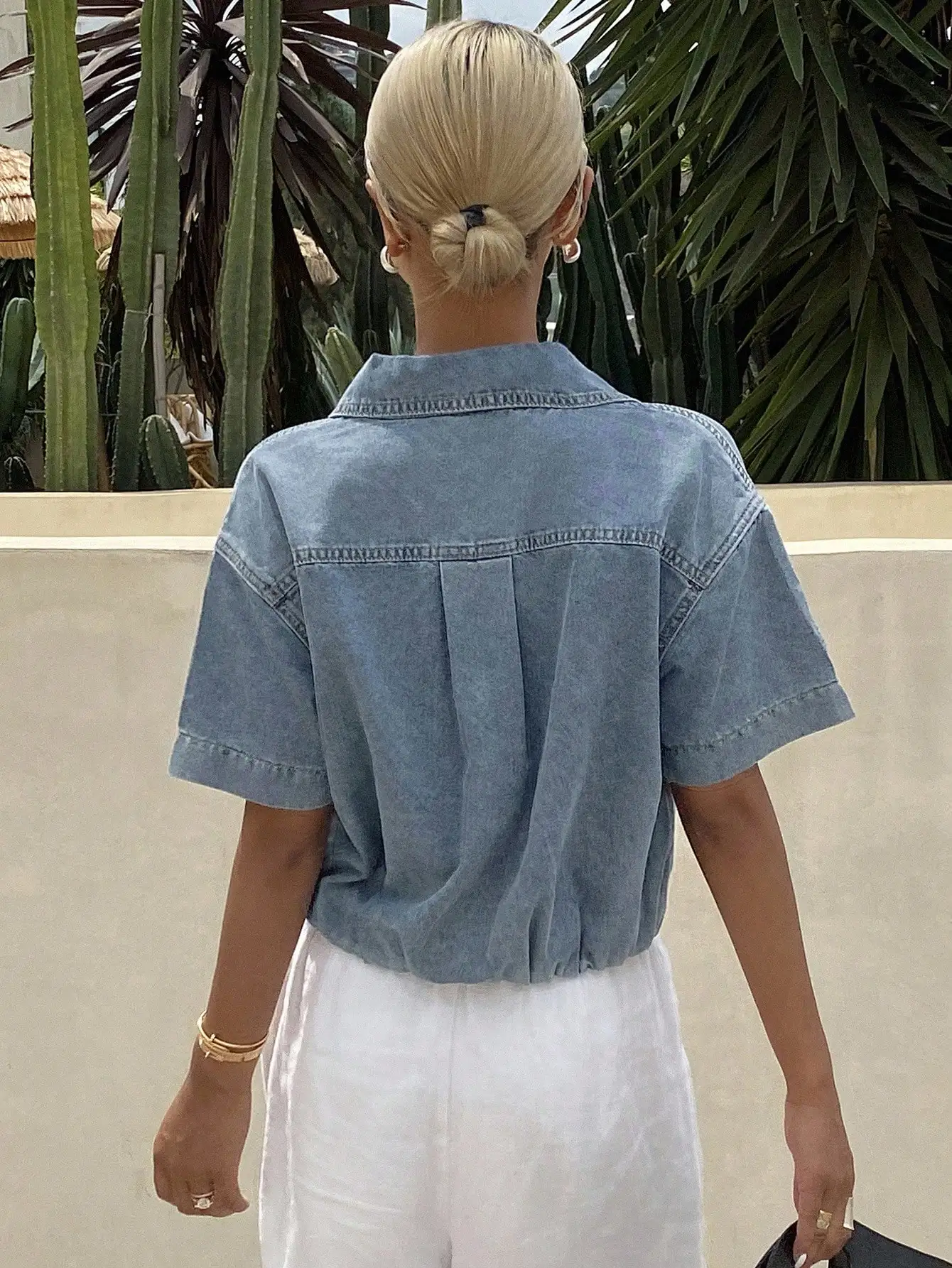 

Женская джинсовая блузка с отложным воротником, коротким рукавом, свободного кроя, укороченная, повседневная