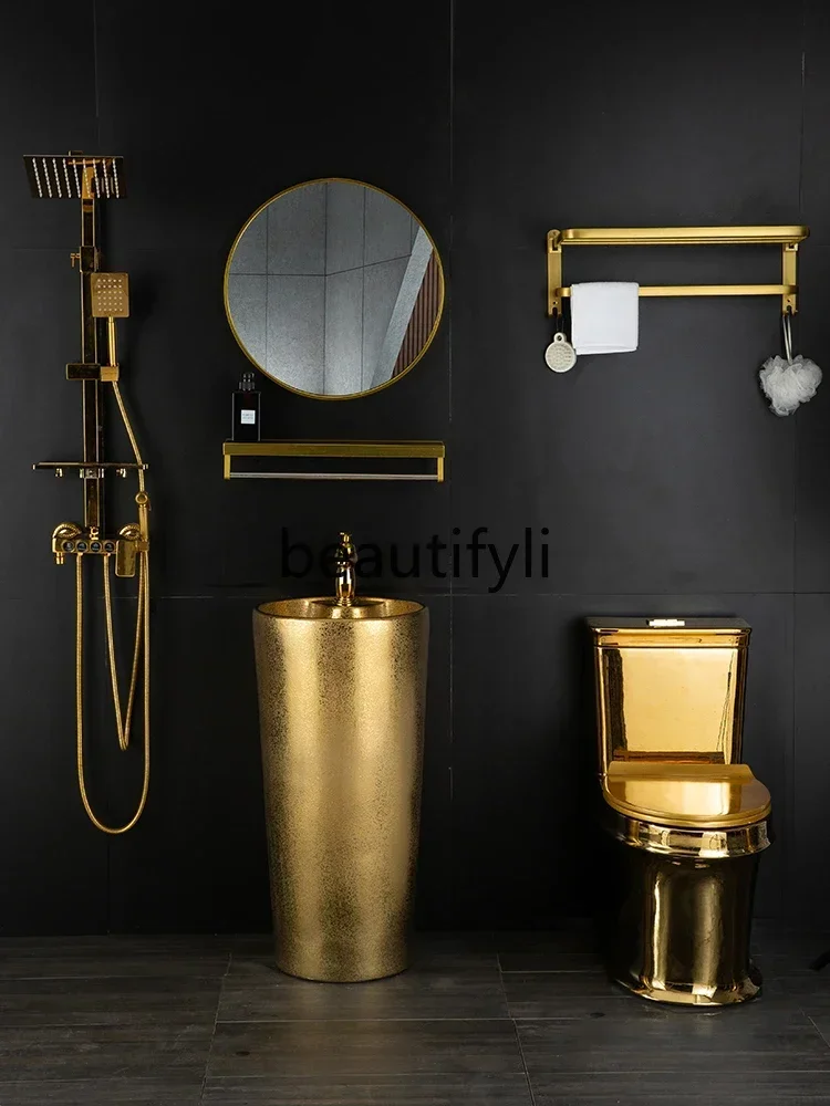 FG10New حوض عمود ذهبي، حوض غسيل مطلي بالذهب، عمود دائري متكامل، حمام الفندق، غسيل من نوع العمود #5