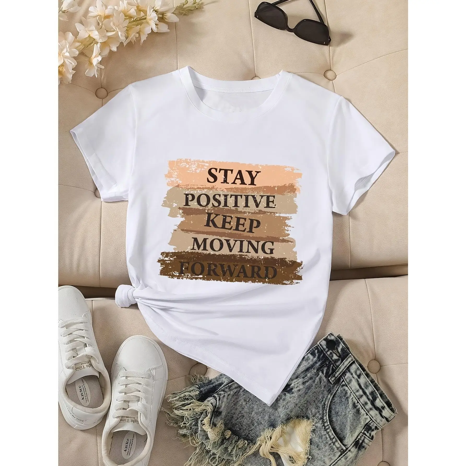 

Women's Motivational T Shirt Stay Positive Keep Moving Forward Print Tee Casual White Short Sleeve Inspirational Top