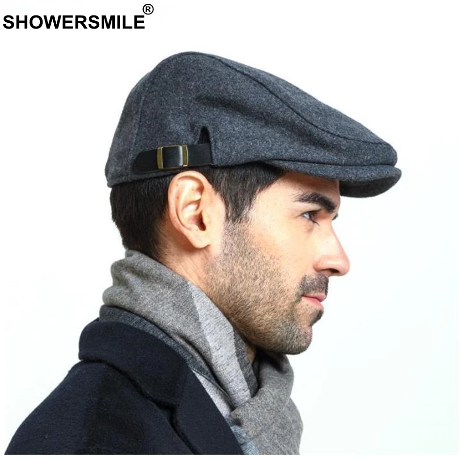 SHOWERSMILE Man Berets Wool British Vintage Flat Caps Brand Male Solid Gray Black Spring Autumn Winter Adjustable Driver Hats