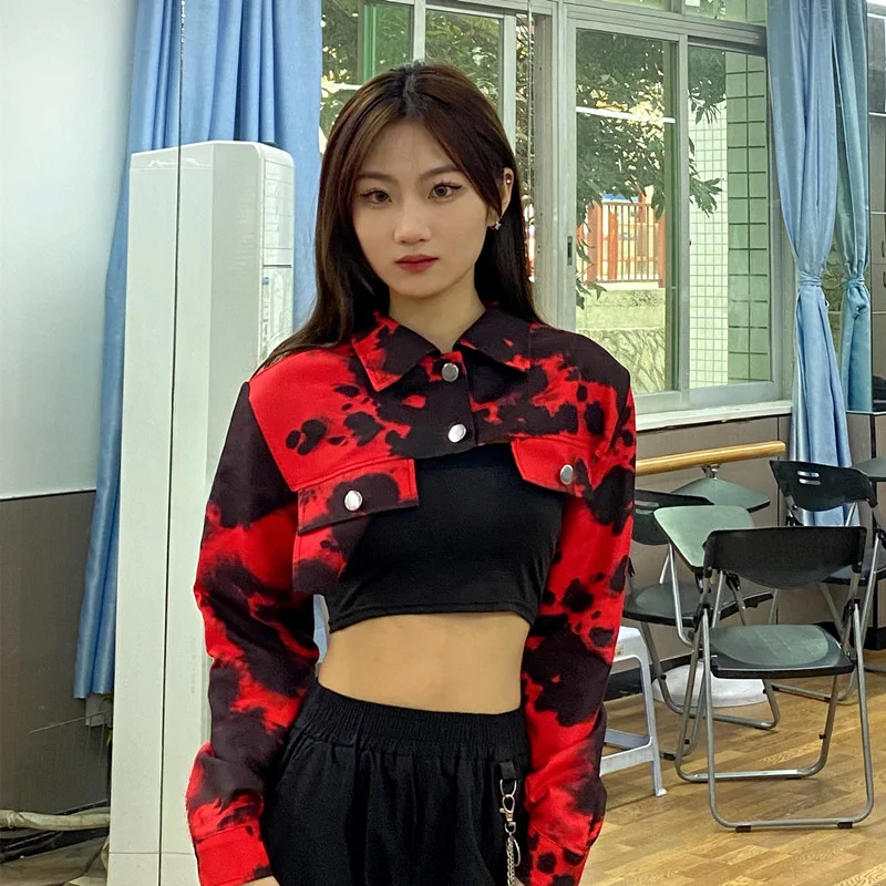 Kpop Girl bale taniec uliczny Tie Dye kurtki z długim rękawem krótkie bluzki Hip hopowe spodnie Cargo Dancewear odzież festiwalowa kostium sceniczny
