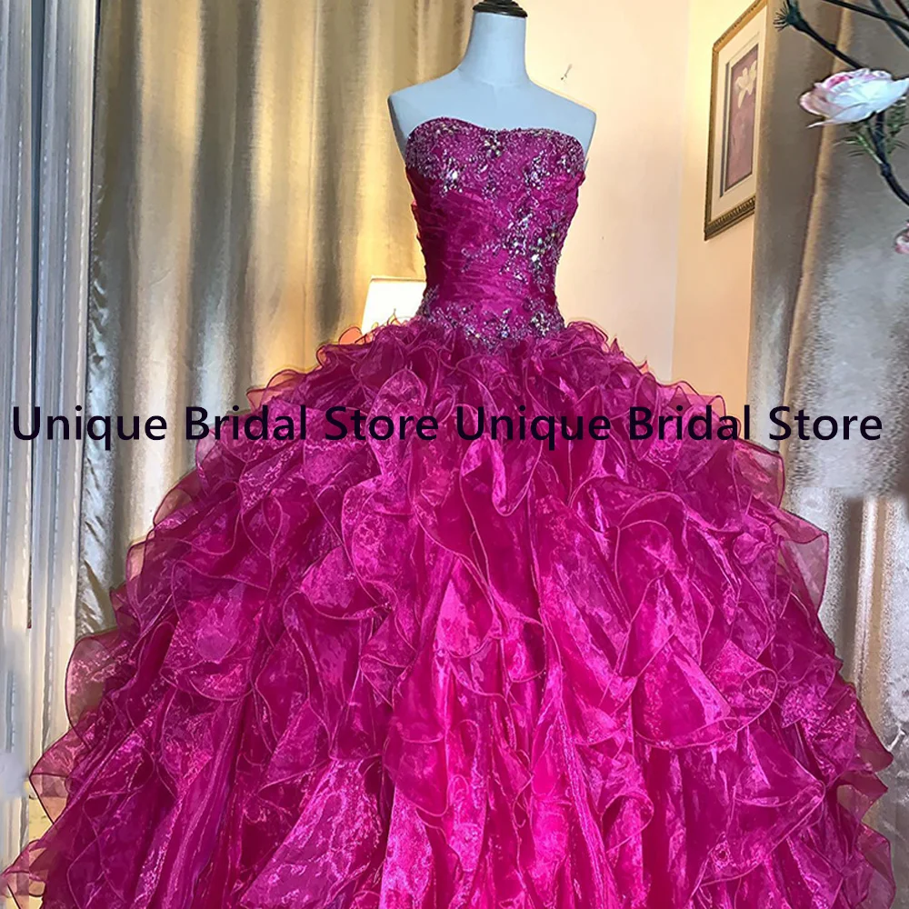 Fuchsia Ball Gown Quinceanera Dresses Sweetheart Sleeveless Beads Applique Ruffles Organza Sweet 15 Year Gown Birthday Dress