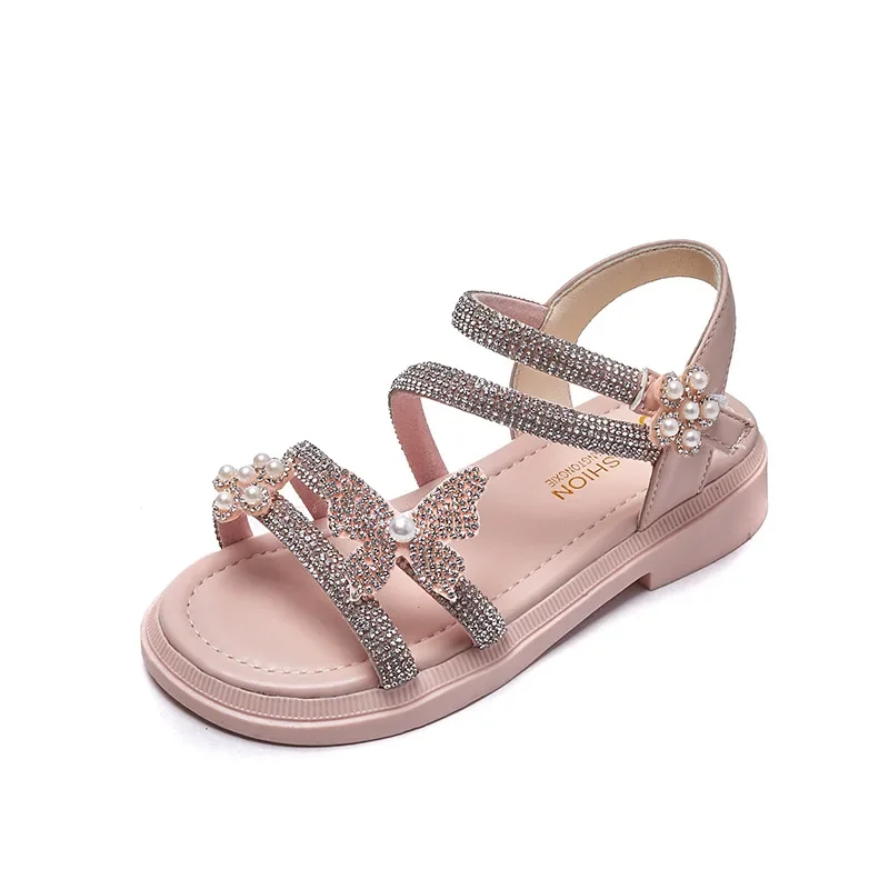 Children\'s Princess Shoes Baby Girls Bling Rhinestone Sandals Fashion Pearl Soft Bottom Kids Dance Party Sparkly Beach Sandals