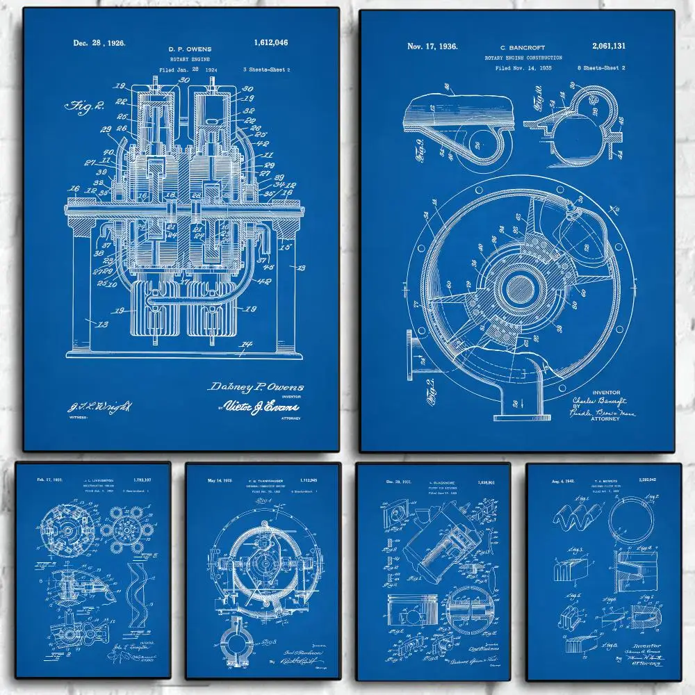 Classic E-Engine Motor Mechanic Blueprints  Poster Self Adhesive Wall Art Decor for Bedroom Living Room Office Home Decor Gift
