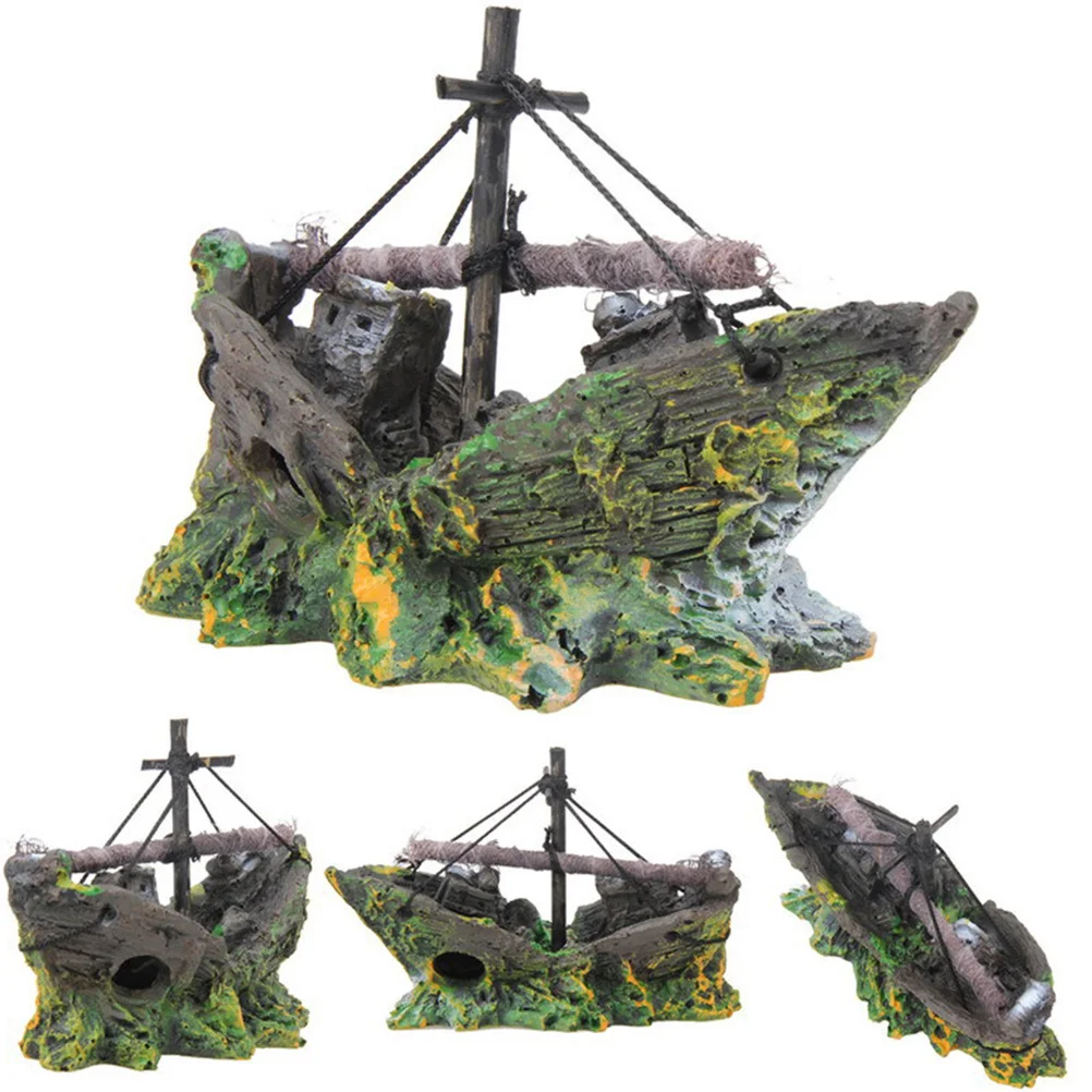 

4Pcs Aquarium Decor Set Fish Tank Ornament Ship Boat Hiding Cave Natural Water Grass Decoration Aquarium Decor