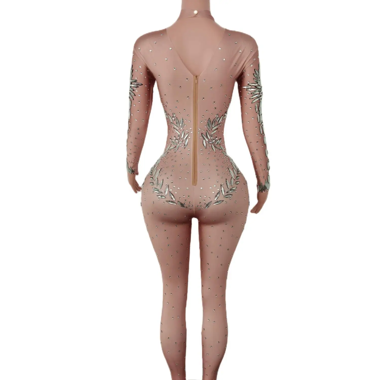 Club Bar Women Costume Party Show Dance Stage Wear Sparkly Big Rhinestones Skinny Jumpsuit Glass Crystals Leotard Bodysuit