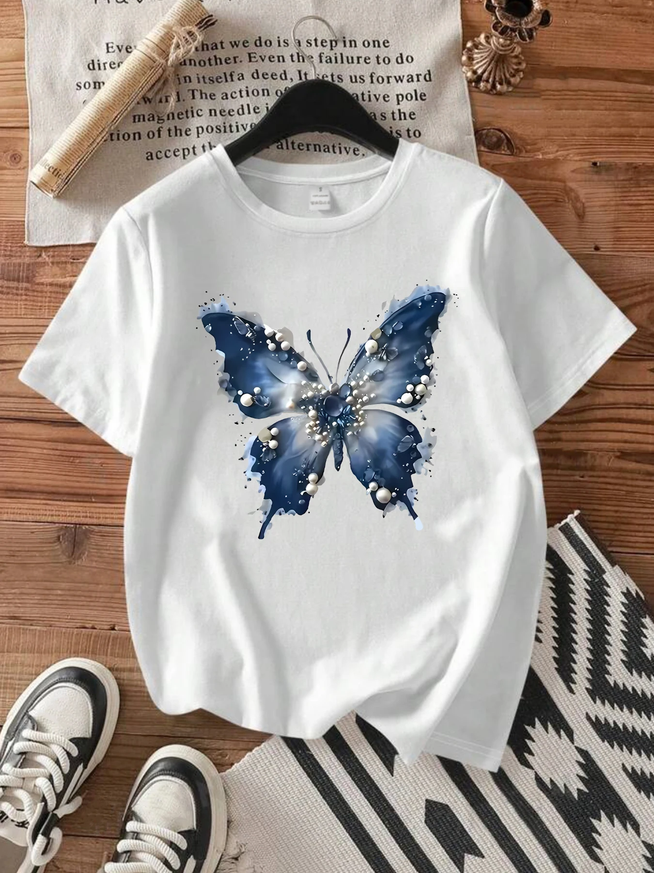 

Purple butterfly pattern round neck plus size women T-shirt short sleeve trend printing elastic half sleeve T-shirt