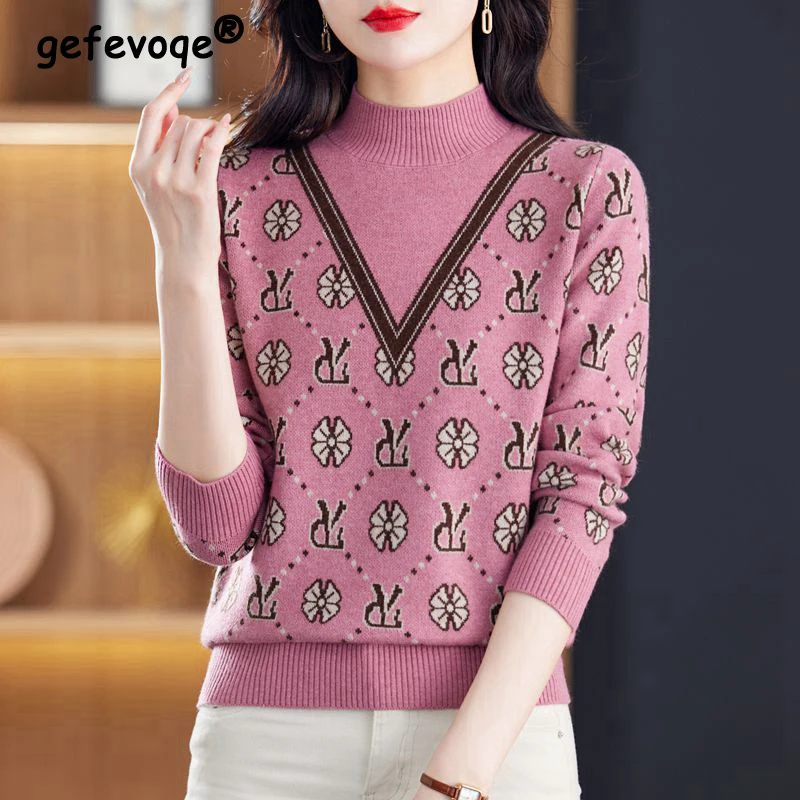 

Autumn Winter Women Korean Fashion Print Half High Collar Knitted Sweater Long Sleeve Loose Elegant Pullover Tops Casual Jumpers