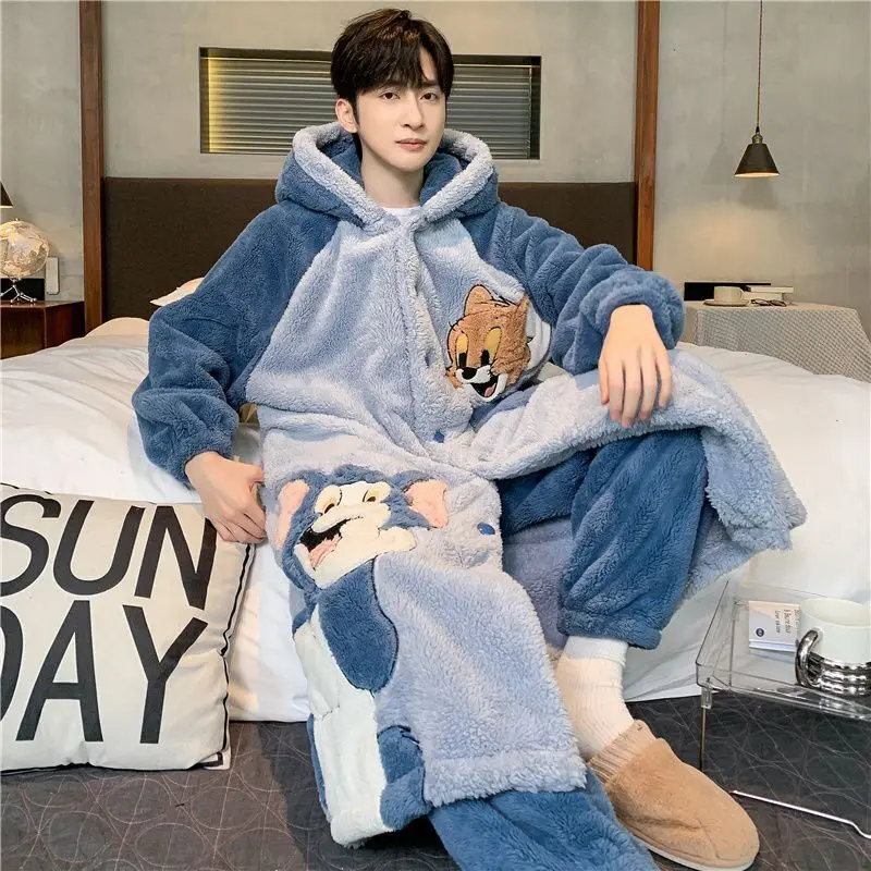 Autumn and Winter New Coral Plush Thickened and Warm Cartoon Loose Men\'s Home Clothing Set with Cold resistant Sleeping Robe