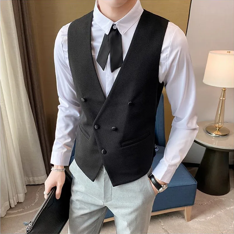 High End V-Neck Solid Mens Vest Jacket Korean Fashion Double Breasted Slim Fit Gilet Homme Brand Business Men Suit Waistcoat 5XL