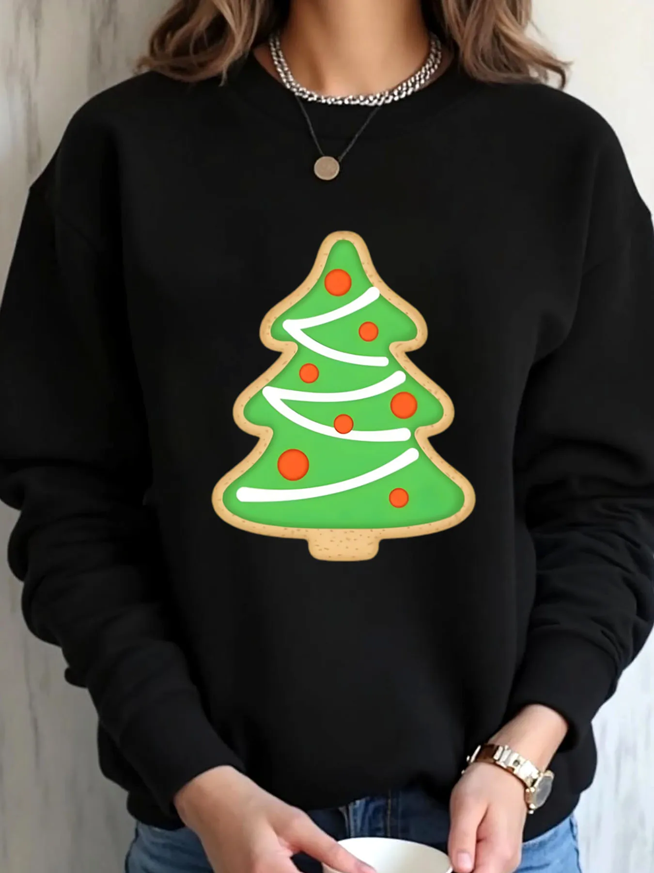 

Женская толстовка большого размера с принтом «Рождественская елка» и печеньем, уличная одежда