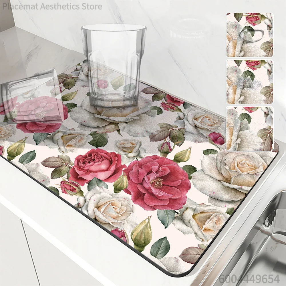 Vintage Floral Rose Print Super Absorbent Drying Mat Waterproof Kitchen Counter Coffee Maker Drain Pad Decor Placemat