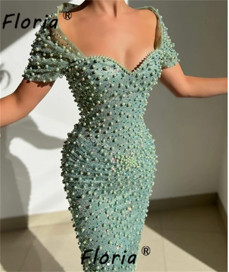 Elegant Green Full Pearls Bodycon Prom Dresses Off the Shoulder Short Sleeve Floor Length Evening Party Dress Robe De Soiree
