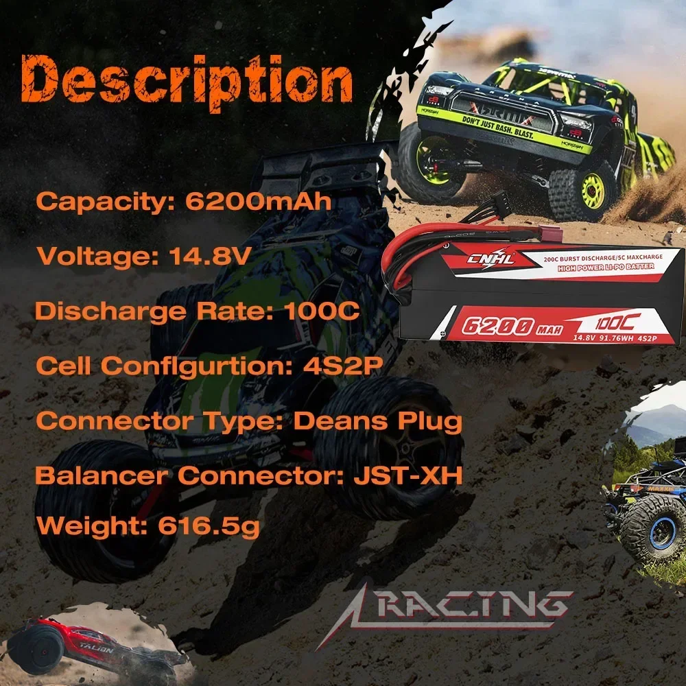 CNHL Li-po 4S 14.8V Ba-ttery 6200mAh 100C Racing Series Hard Case with T Deans Plug for RC Car Boat Evader  Truck Vehicle Buggy