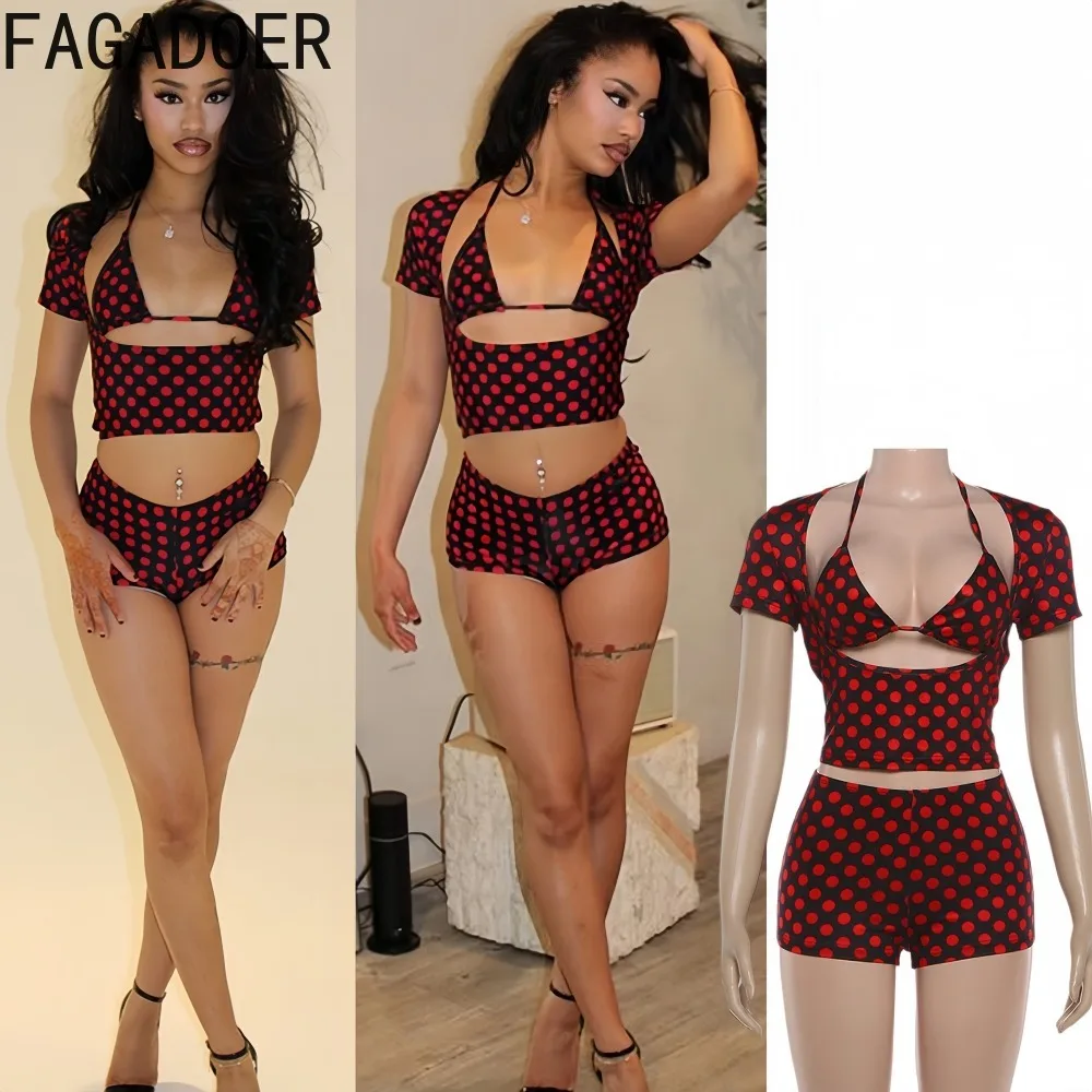 FAGADOER Sexy Polka Dot Print Woman 3 Piece Set Outfit Hollow-out Patchwork Crop Top + Bra + Shorts Matching Female Streetwear