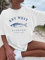 Plus Size Women's TShirt Featuring Key West Florida Fish Graphic Retro Style Comfortable Casual Wear for Curvy Figures