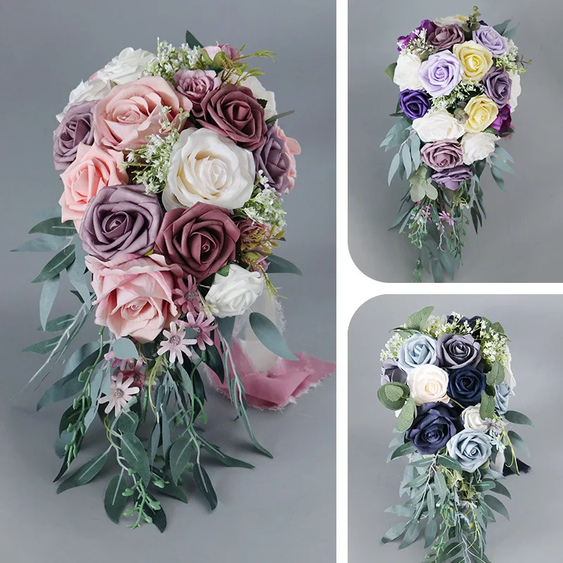 Artificial Flowers Bridal Bouquets Burgundy Red, Lavender, Navy Wedding Flowers 22*45cm Wedding Accessories