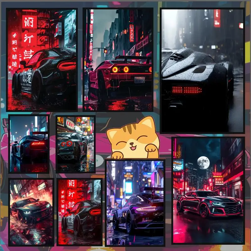 Black Sports Car in Neon Poster Canvas HD Poster Wall Art in