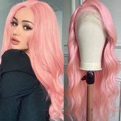 Peluca sintética ondulada larga con malla Frontal para mujer, pelo de color rosa claro, sin pegamento, Natural, fiesta