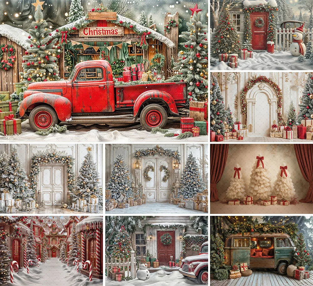 Mehofond 사진 배경 메리 크리스마스 정문 트럭 크리스마스 트리 선물 어린이 가족 초상화 장식 배경 사진 스튜디오