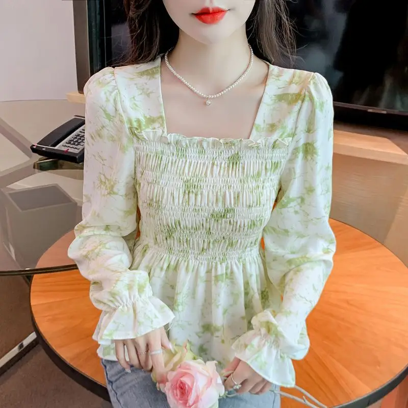 

New Square Collar with Waist Fashionable Slim Sweet and Beautiful Shirt Age-reducing Long-sleeved Top