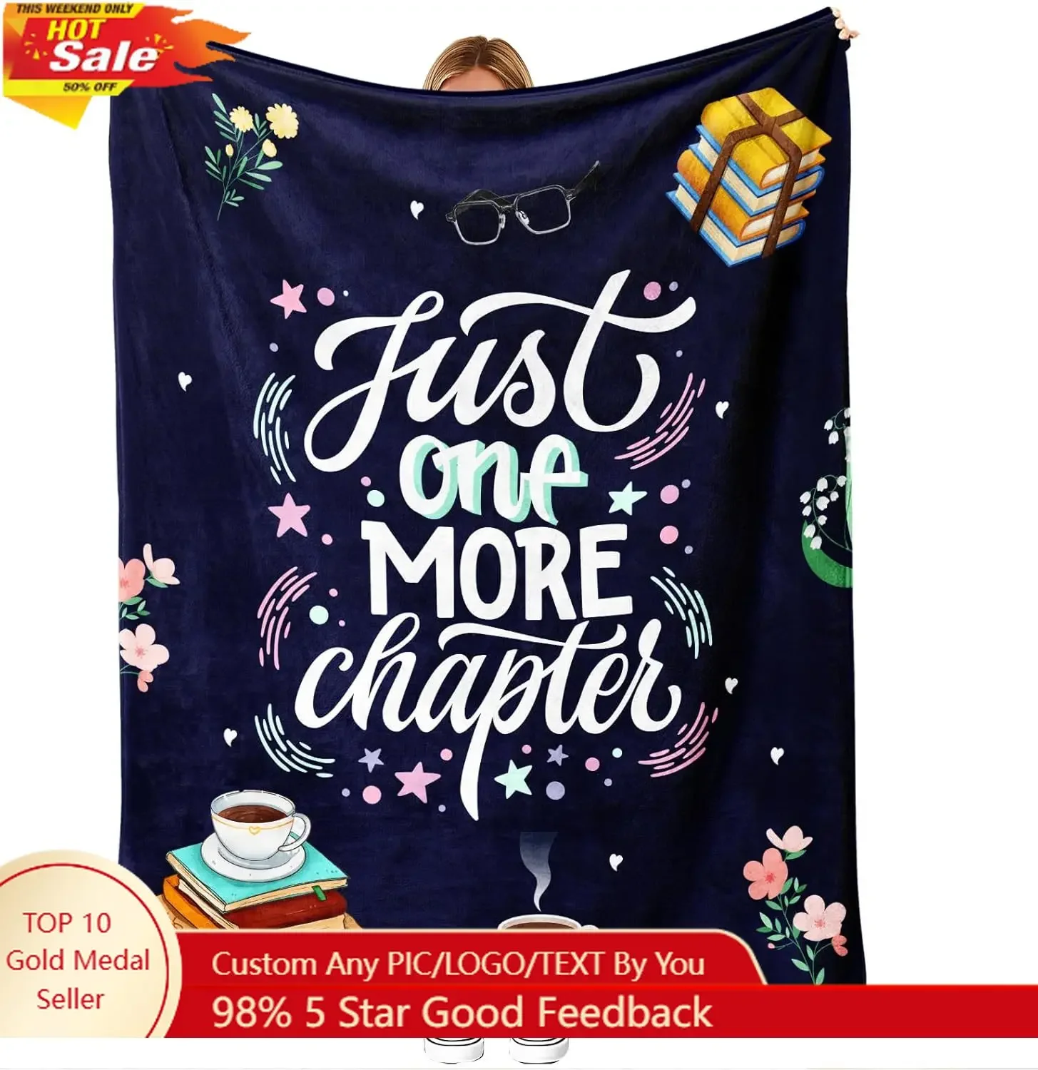Just One More Chapter Blanket 50x60 inches – Cozy Flannel Reading Throw for Book Lovers, Women, Teens – Cute Book and Tea Design