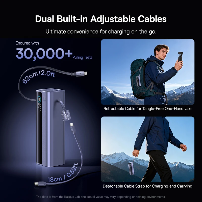 베이스어스 200W 25000mAh 보조배터리 듀얼 리트랙터블 USB-C 케이블 4개 기기 고속 충전 휴대용 외장 배터리 충전기 (노트북용)