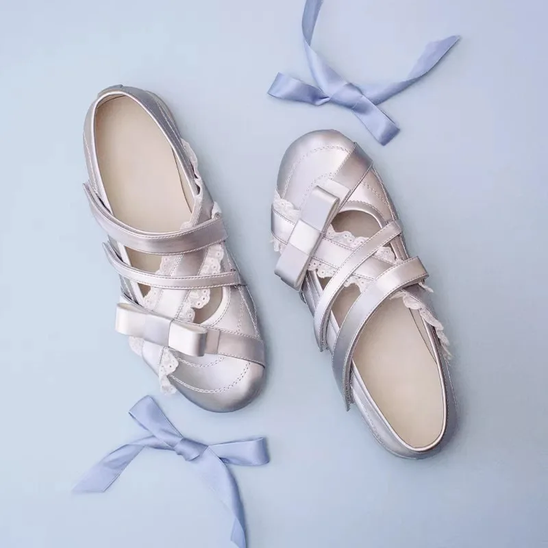 

2026 Spring New Bow Decor Mary Jane Shoes Women Round Toe Thick Sole Lace Trim Princess Style Leather Flats Sweet Elegant Daily
