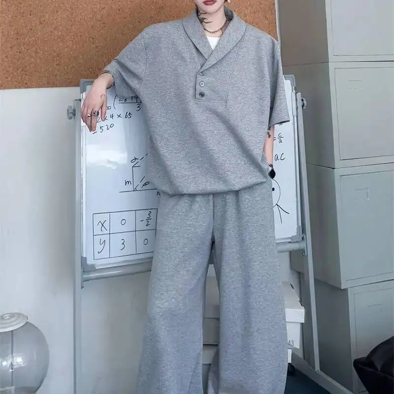 Grey New Summer Men's Two Pieces Set Turn Down Collar Fake Short Sleeve Sweatshirt And Casual Wide Leg Long Pants GPBW view 6