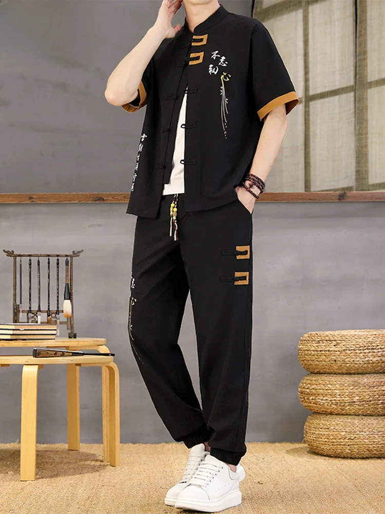 tucano-woodpecker-style-short-sleeve-stand-collar-embroidered-casual-comfortable-two-piece-men's-summer-tang-suit