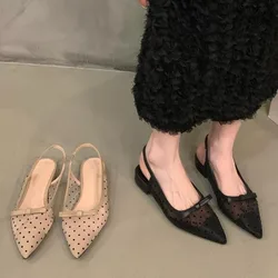 Low Heel Bow Baotou Sandals New Summer Mesh Breathable Polka Dot Single Shoes Pointed Toe Outside Wear Sandales Women's Shoes