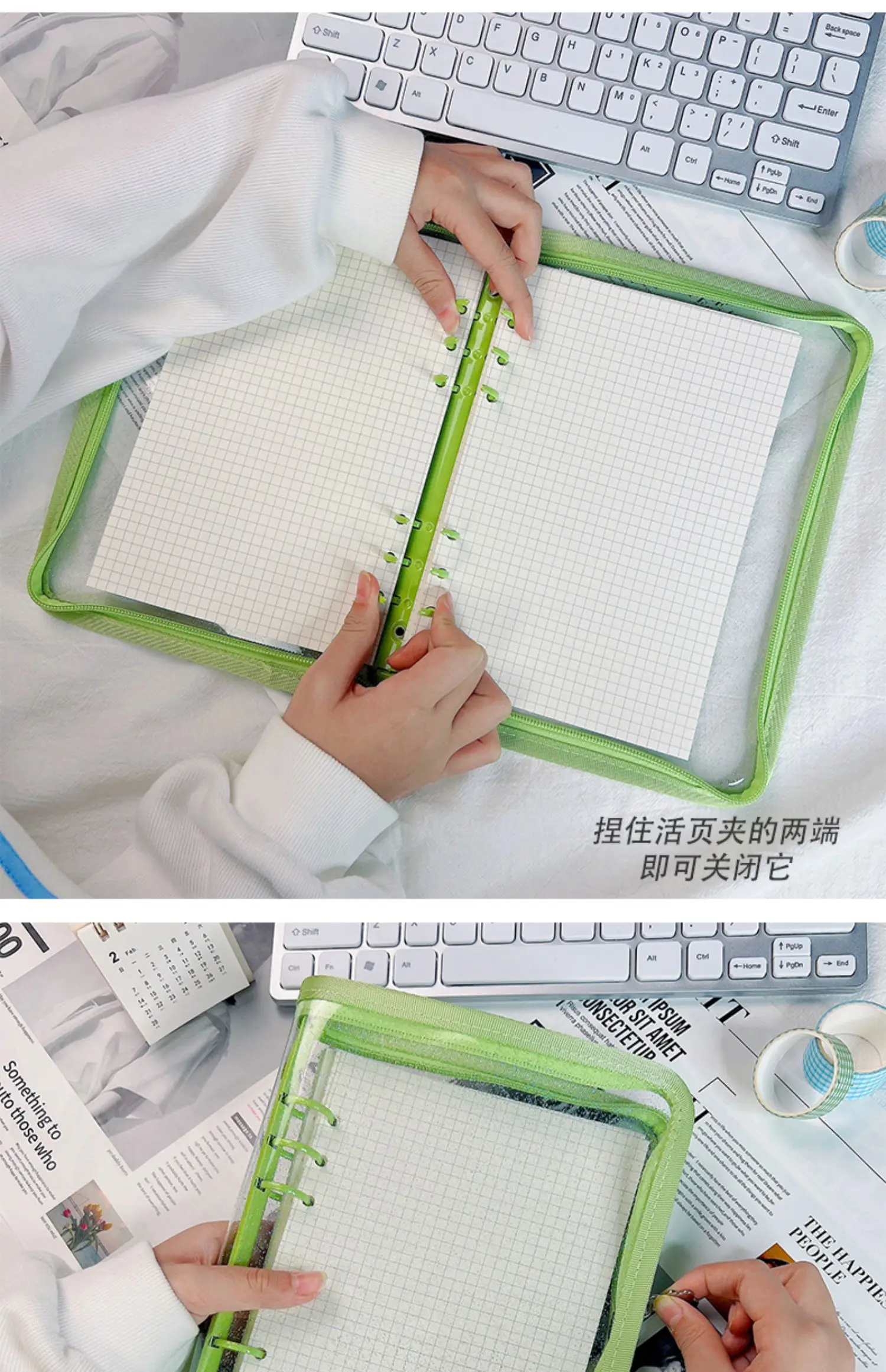 SKYSONIC Neue Ankunft A5 Zipper Binder Sammeln Buch Glitter Cover Organizer Journal Notebook Kugel Transparent PVC Fotoalbum – Detail 35