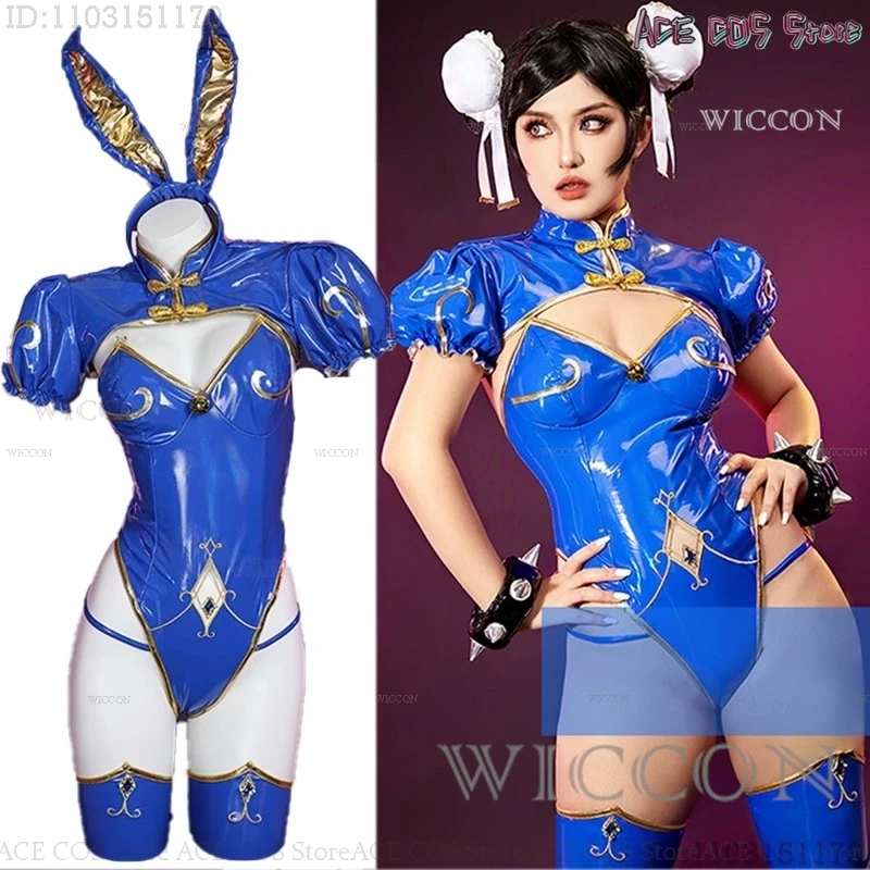 Street Chunli Chun Li Cosplay Costume Wig Fighter Game SF Role Play Bunny Girls Outfit PU Tight Skirt Halloween Sexy Dress Party