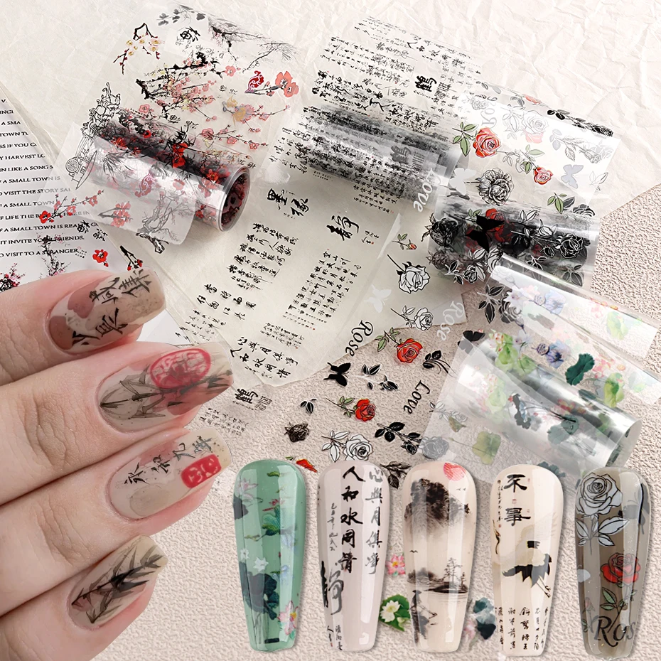 Bamboo Ink Painting Peony Crane Nail Foil Sticker Chinese Character Flower Nail Art Goldfish Slider Manicure Wrap TransferZGF-01