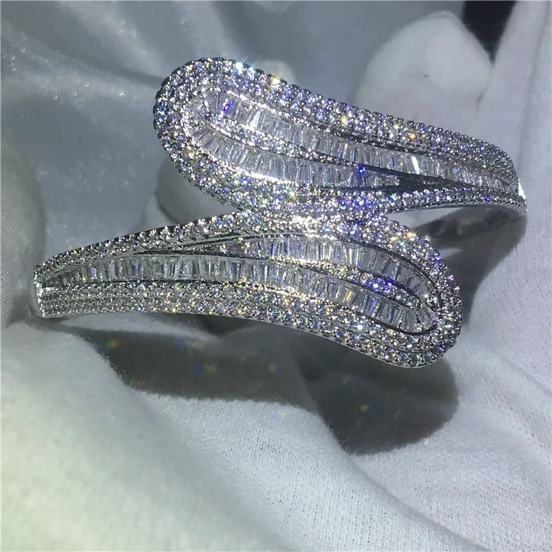 Luxury jewelry 5A cubic zirconia T shape stone Baguette bracelet shinning bangle White Gold Filled women wedding accessaries