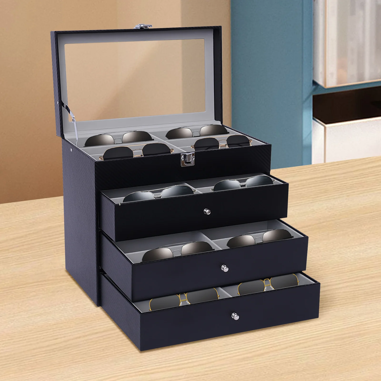 

Sunglasses Storage Box – PU Leather Display Case with Flannel Lining, 24 Slots, and Locking Clasp for Glasses and Accessories