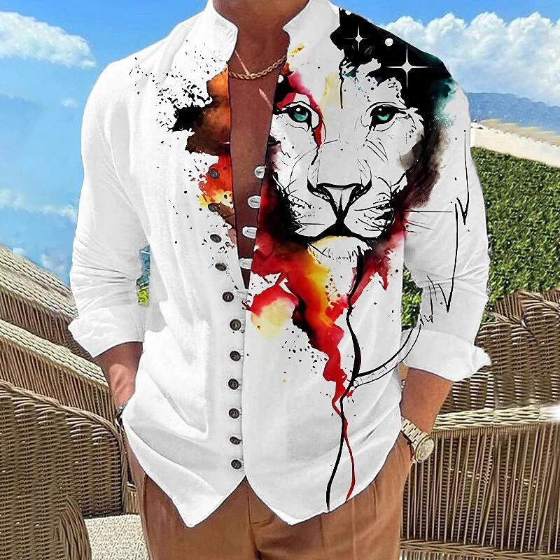 Animal Lion Graphic Printed Shirts Men Fashion Casual Single Breasted Shirt Male Outdoor Standing Collar Long Sleeve Top Camisas