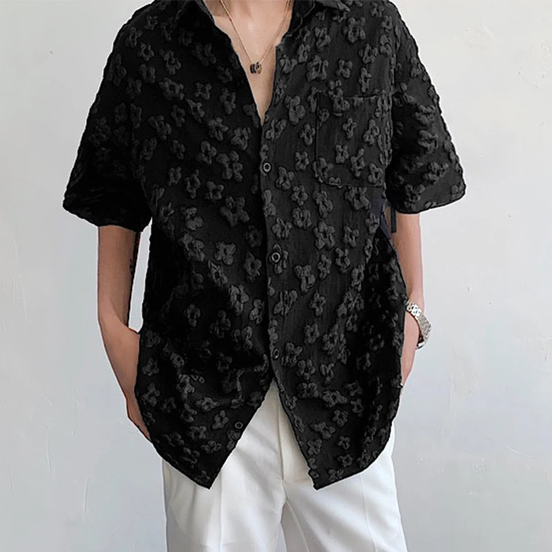 Vintage Florals Foaming Print Shirt Men Leisure Loose Button Lapel Short Sleeve Cardigan Mens Tops Summer Fashion Black Shirts