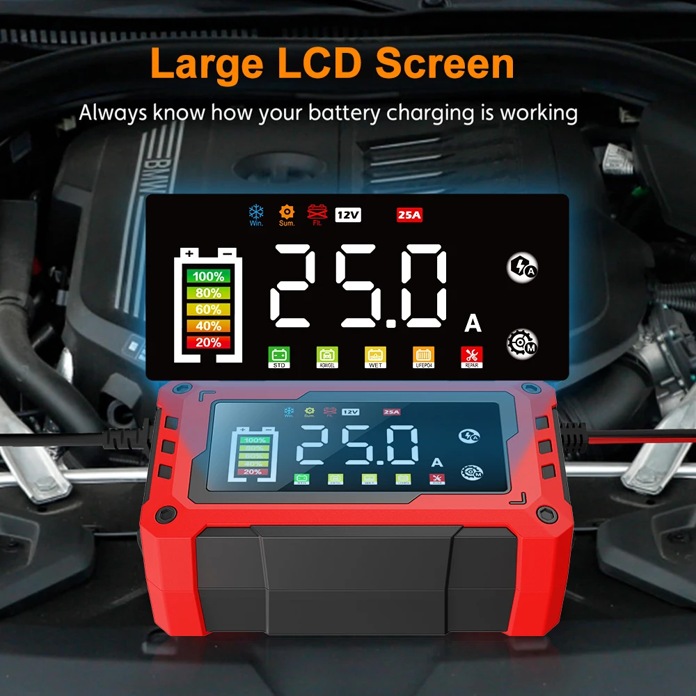 EAFC 12V-24V Car Battery Charger 15A 25A Pulse Repair Large LED Display Smart Charger Battery for Car Motorcycle Old Batteries