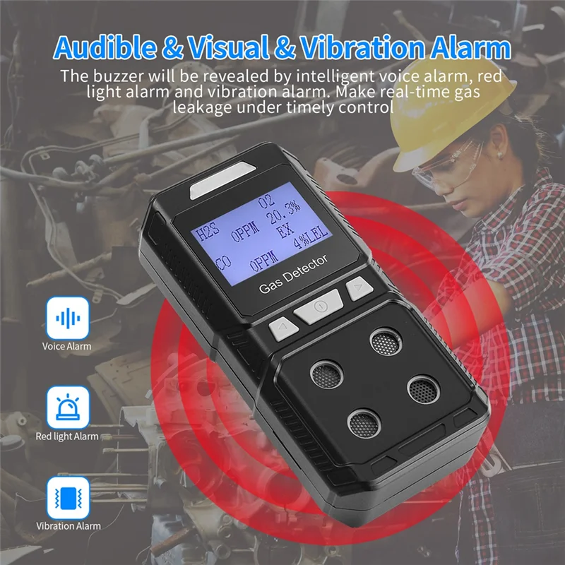 A48I Portable 4 Gas Detector Rechargeable Multi Gas Monitor Air Quality Tester Analyzer High Precision EX O2 H2S CO US Plug