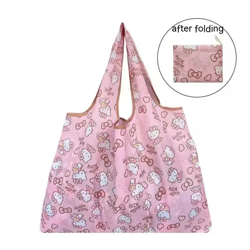 Hello Kitty Large Folding Shopping Bag Polyester Eco Bag Cartoon Shoulder Bag Handbag Outdoor Portable Storage Bag   58cmX40cm