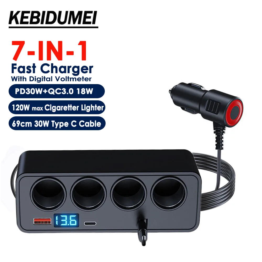 120W 7-in-1 Auto-Zigarettenanzünder-Adapter mit PD Dual-USB-Anschluss, schnellem Telefonladegerät und digitalem Voltmeter für 12-24V