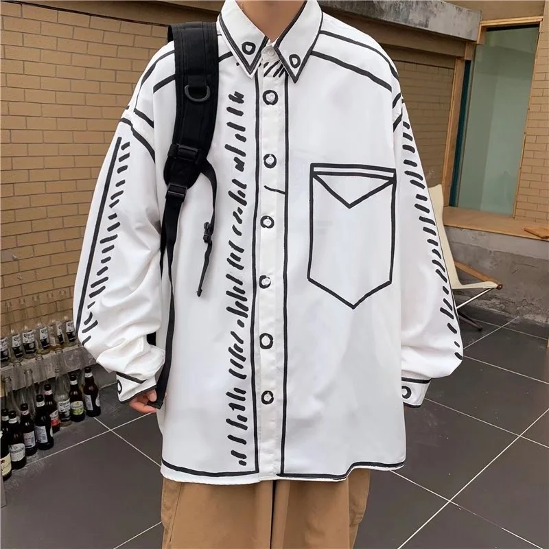 Graffiti Print Shirts Men Long Sleeve Harajuku Japanese Streetwear Preppy Designer Casual Loose Summer Couple Clothes Camisas