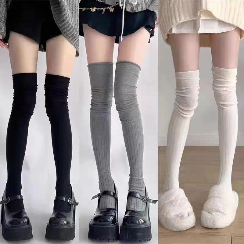 Autumn And Winter Women's Knitted Socks Solid Color Vertical Bar Warm Knee Length Socks Fashion Lolita Socks Splicing Stockings