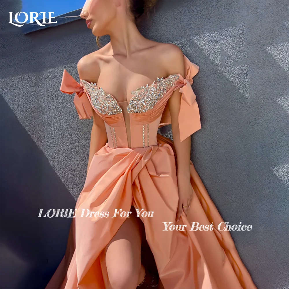 LORIE Bow Off-Shoulder Formal Evening Dresses Appliques Beading slit Prom Gowns Corset Pleated Backless A-line Club Party Dress